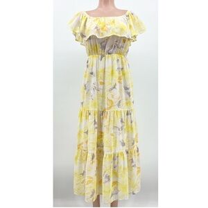 Lush Yellow Floral Sheer Chiffon Off-Shoulder Maxi Dress Size Small